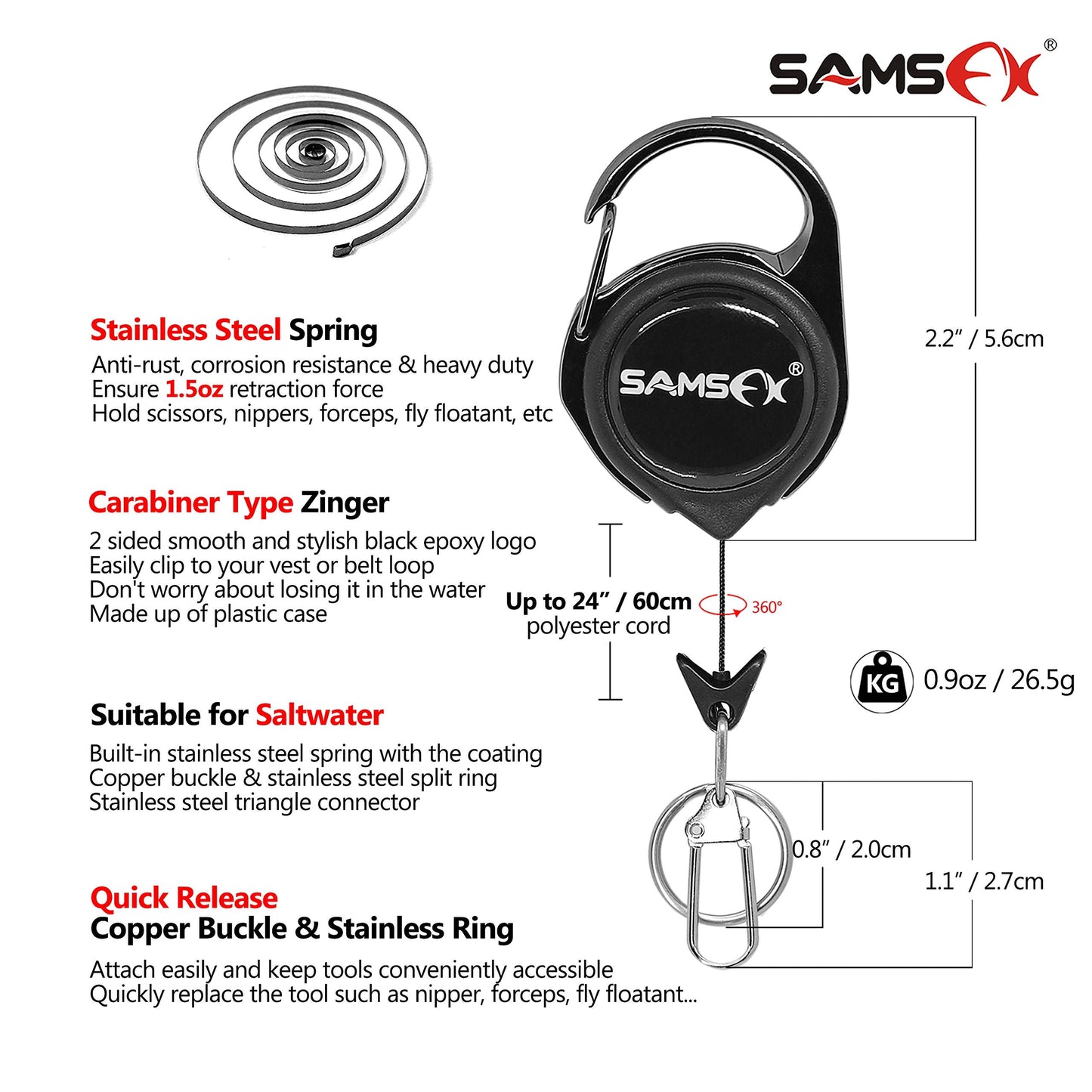 SAMSFX Fly Fishing Knot Tying Tools Quick Knot Tool for Fishing Hooks, Lures, Flies, Trout Line Backing, Come with Zinger Retractors