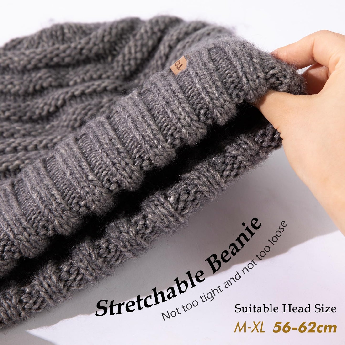 TOP-EX M/L/XL 100% Merino Wool Ladies Slouchy Beanie for Women Winter Hat Fleece Lining Warm Knit Hats Cold Weather Skull Hat Soft Stretch Ski Cap Dark Grey
