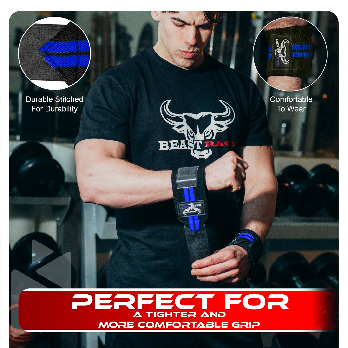BEAST RAGE® Wrist Wraps for Weightlifting Adjustable Lifting Straps & Wrist Straps with Thumb Loop for Enhanced Gym Support, Wrist Support for Powerlifting, Bodybuilding and Gym workout (Black Blu)