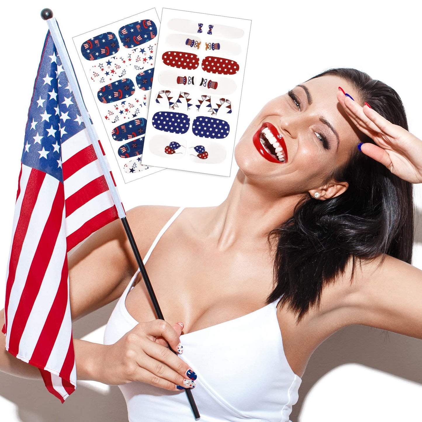 Maitys 140 Pcs 10 Sheets Patriotic Full Wrap Nail Stickers 4th of July Polish Strips Gradient Stickers Memorial Independence Day Glitter Self Adhesive DIY Art Strips with 2 Pcs Nail Files