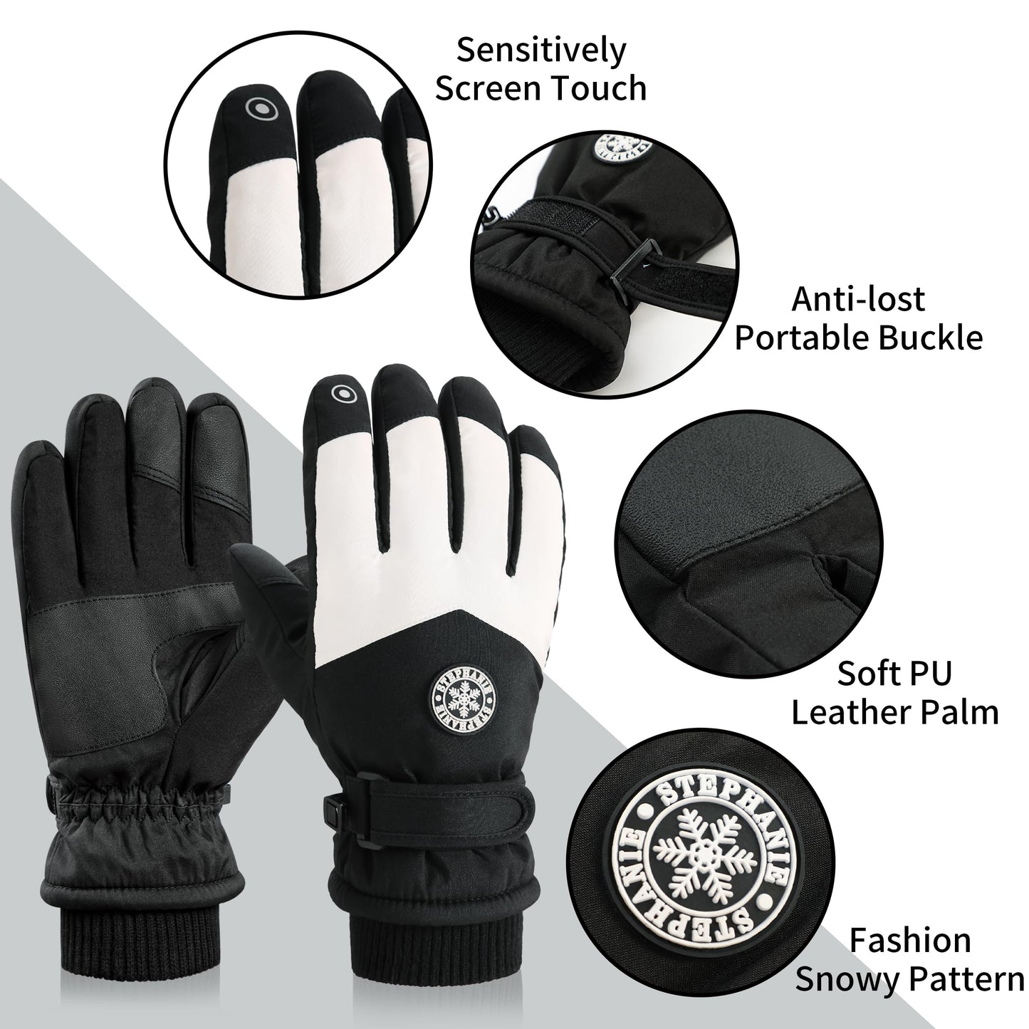 DOFOWORK Ski Gloves Men - Winter Gloves Warm for Men & Women, Waterproof Gloves Touchscreen, Snow Gloves Women, Black & White