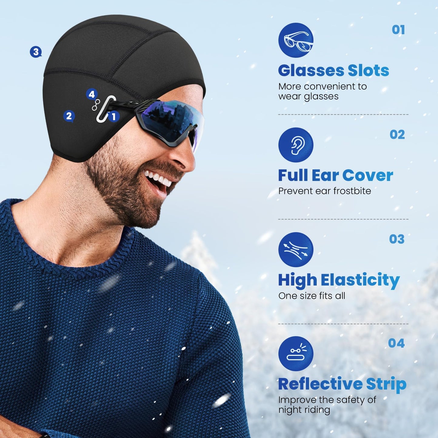 Bodvera Skull Cap Helmet Liner with Eyeglasses Holes,Ear Warm Cycling Cap,Thermal Head Cap for Men & Women in Winter. Black