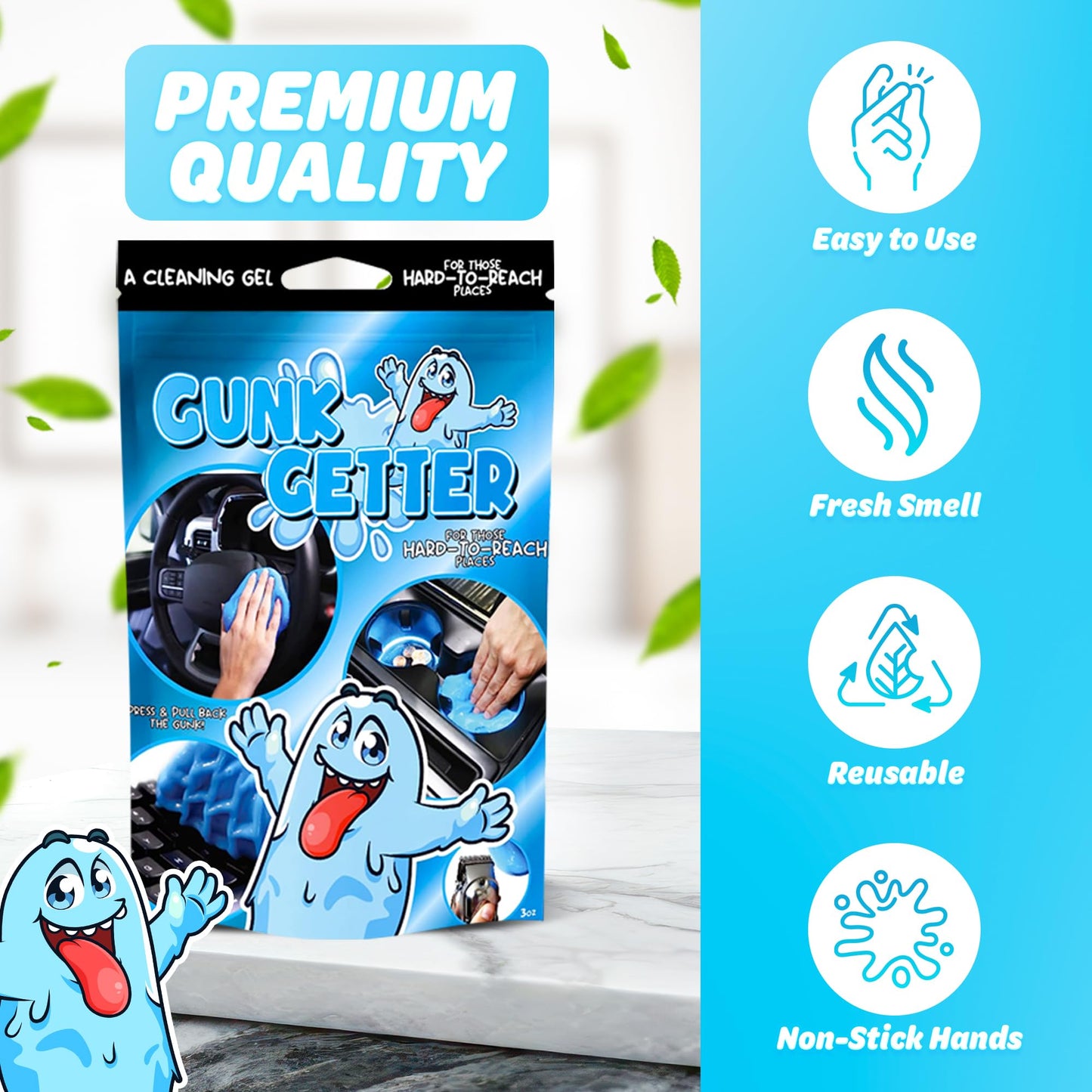 Gunk Getter PeerBasics, Cleaning Gel for Those Hard to Reach Places, Automotive Cup Holder Electronic Keyboard Office, Slime Gel Cleaner Dust Crumb Removal (Resealable Pouch, Blue, 3oz)