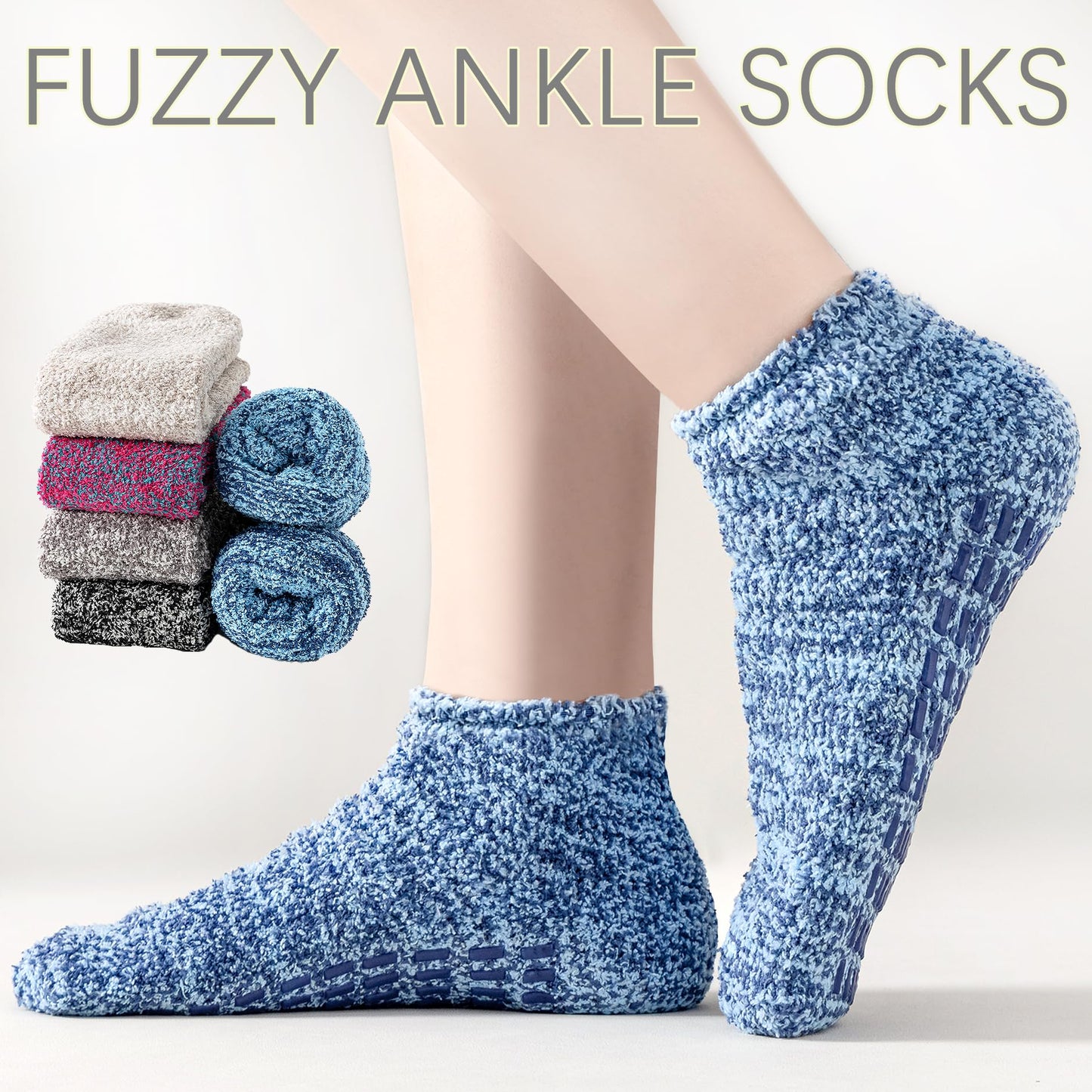 Slipper Socks Women Fuzzy Socks with Grips Men Warm Winter Non Slip Hospital Socks 5-10 Youth Home Cozy Grip Ankle Socks 5 Pairs (B-Mixed Colors)