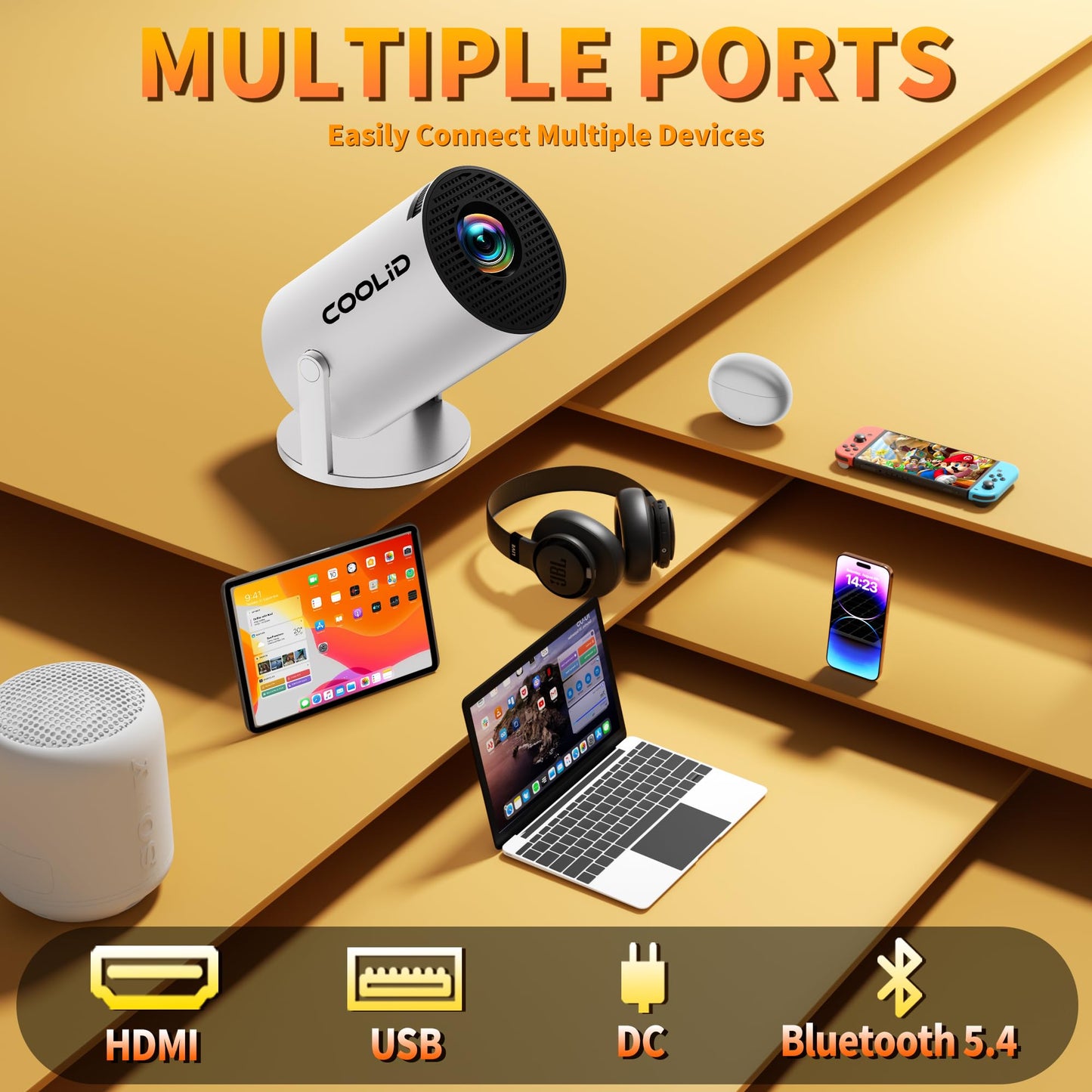 Mini Projector, Support 4K 1080P Portable Projector with Dual Band WiFi6 5G and Bluetooth 5.4, 270° Rotatable, Auto Keystone Correction, 35"-100" Video Projecto Compatible with HDMI/USB/Phone - White