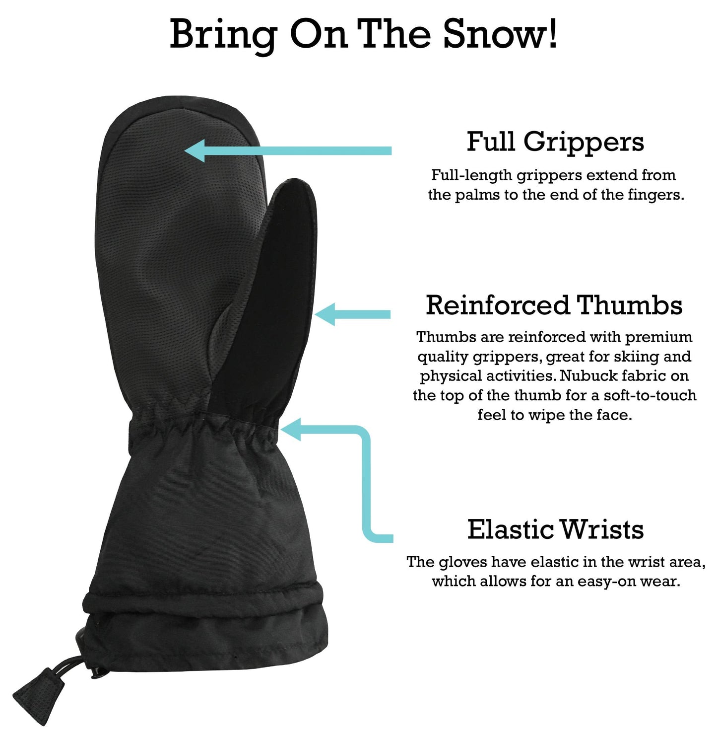 N'Ice Caps Men's Women's Waterproof Snow Mittens Gloves 100 Gram Thinsulate (Women's Large/X-Large, Mittens - Black)