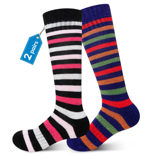 Kids Ski Socks Merino Wool Winter Warm Thermal Hiking Snowboarding Knee High Heavy Boot Socks for Toddler Boys Girls 2 Pairs(Stripe-02, 8-12 Years)