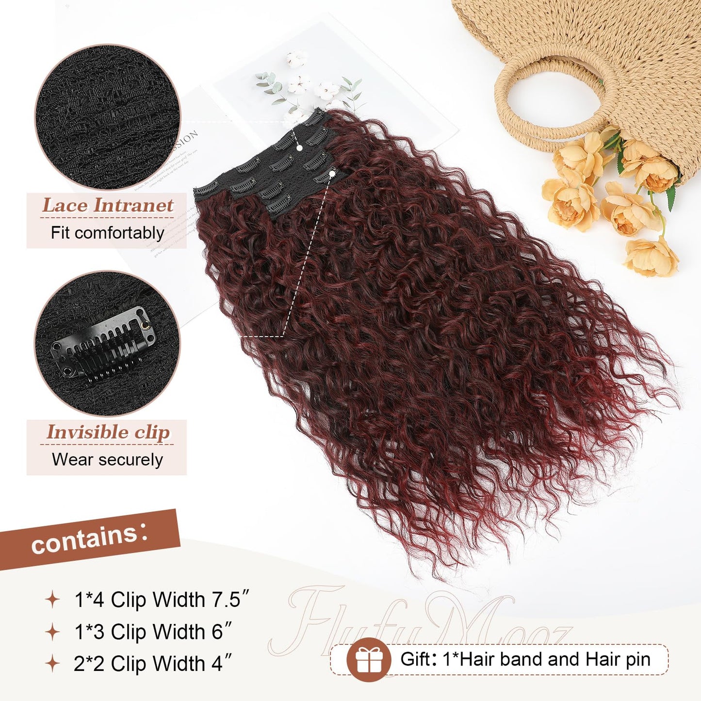 Clip in Hair Extensions, FLUFYMOOZ 4PC 100% Pure Protein Silk Hair Extensions Long Soft Natural Hairpiece 20 Inch Curly Hair Extension for Women (Wine Red)