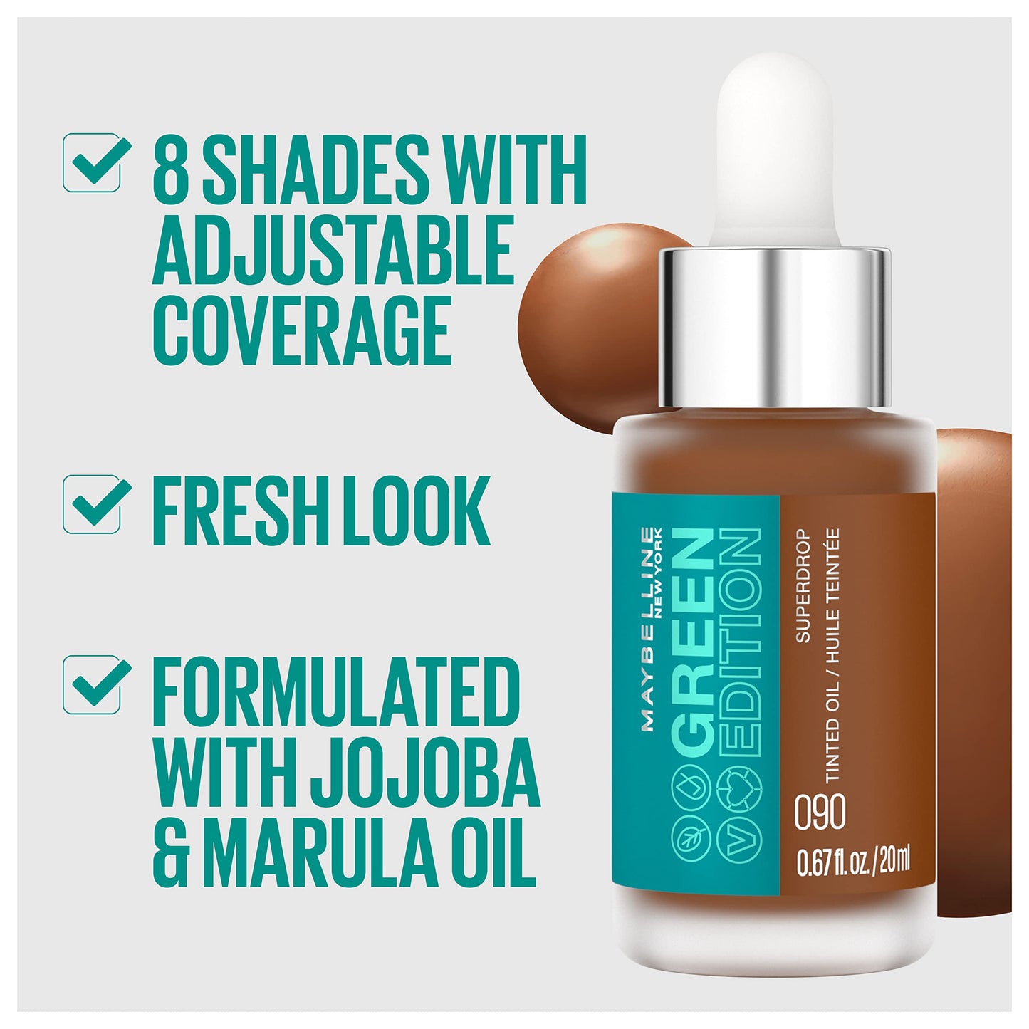 Maybelline Green Edition Superdrop Tinted Oil Base Makeup, Adjustable Natural Coverage Foundation Formulated With Jojoba & Marula Oil, 25, 1 Count