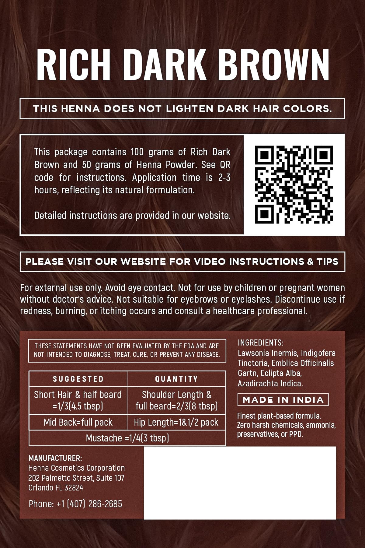 Henna Cosmetics Cypri Natural Henna Hair Color Dye, 100% Pure Henna Powder for Hair Growth Organic (Dark Brown, 100 Gr + Free 50 Gr.)