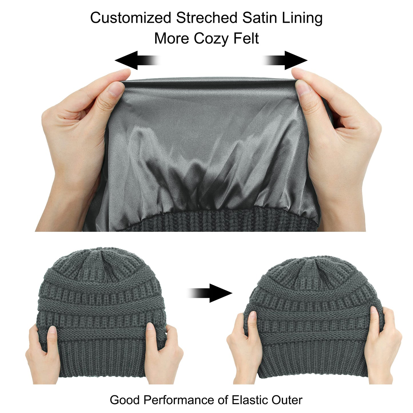 Muryobao Womens Winter Warm Knitted Hat Satin Silk Lined Cable Knit Beanie Chunky Slouchy Skull Cap Dark Grey