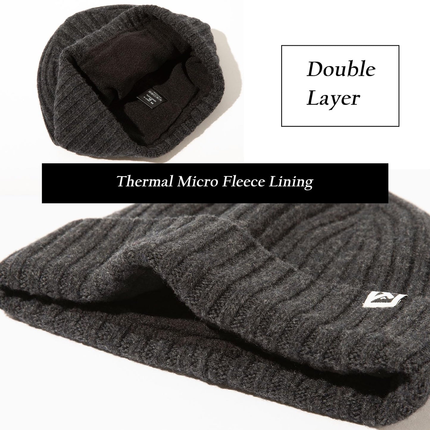 Dark Grey XL/XXL Winter Beanie 100% Merino Wool Fleece Lined Knit Cap Warm Hat for Big Head Mens Womens Cold Weather