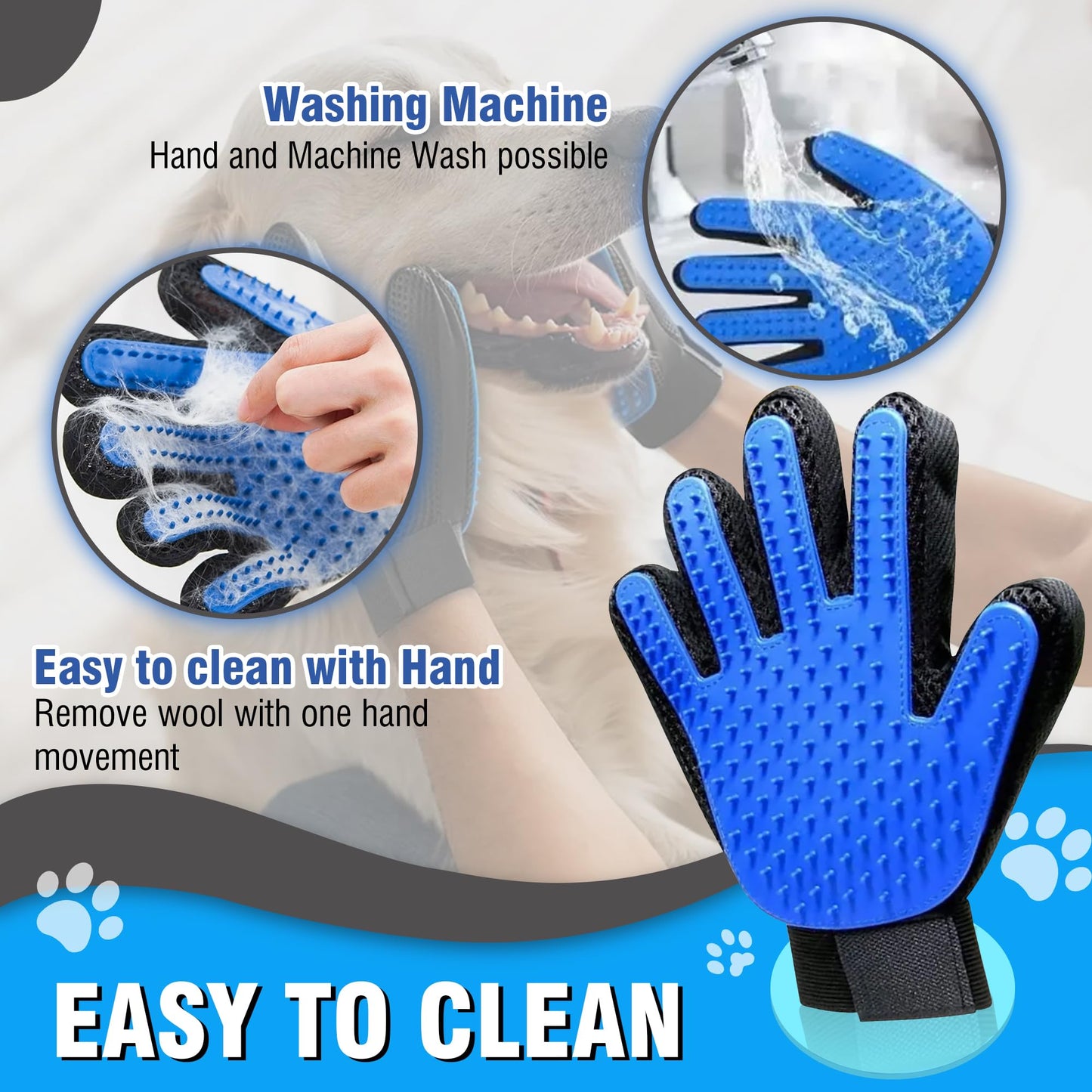 CEMZENFIX Upgrade Pet Gloves Grooming for Dogs, Grooming Gloves for Dogs, Cats, Rabbits & Horses with Long and Short Hair, Efficient Pets Hair Remover Mittens - 1 Pair (Blue)