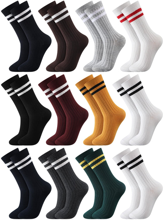 Shihanee 12 Pairs Womens Striped Crew Socks Cotton Crew Boot Socks Vintage Athletic Casual Mid Calf Socks Retro Tube Socks Winter for Women Size 5-9