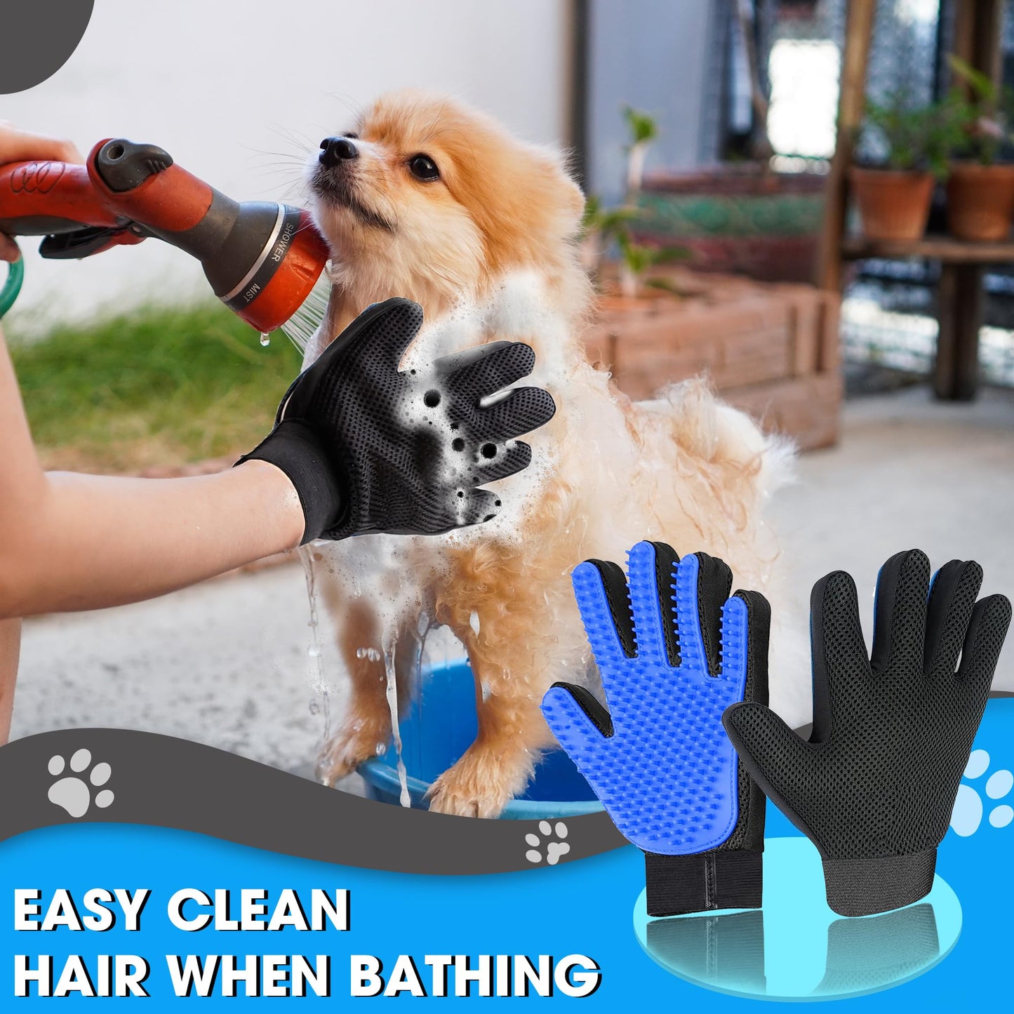 CEMZENFIX Upgrade Pet Gloves Grooming for Dogs, Grooming Gloves for Dogs, Cats, Rabbits & Horses with Long and Short Hair, Efficient Pets Hair Remover Mittens - 1 Pair (Blue)
