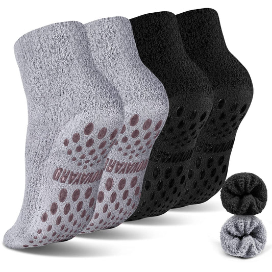 NOVAYARD 4 Pairs Non Slip Fuzzy Socks Hospital Slipper Crew Grip Cozy socks Men Women(Black+Grey,Medium)