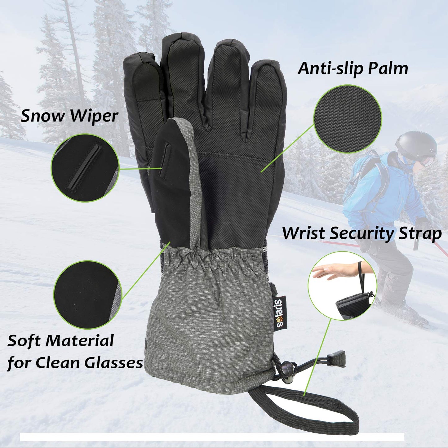 Solaris Waterproof Warm Ski Gloves, 3M Winter Cozy Thinsulated Snow Gloves for Skiing, Snowboarding, Shoveling, Cycling, Outdoor Sports, Great for Ski Lover