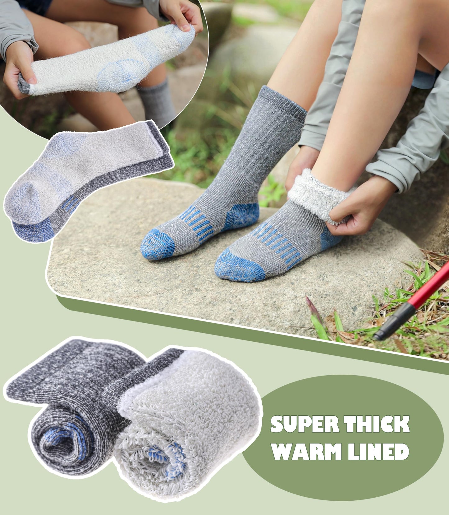 LANLEO Kids Merino Wool Hiking Socks Boys Girls Winter Thermal Warm Thick Cozy Cushion Boot Crew Socks 3 Pairs Hiking Socks Blue,8-12 Year Old