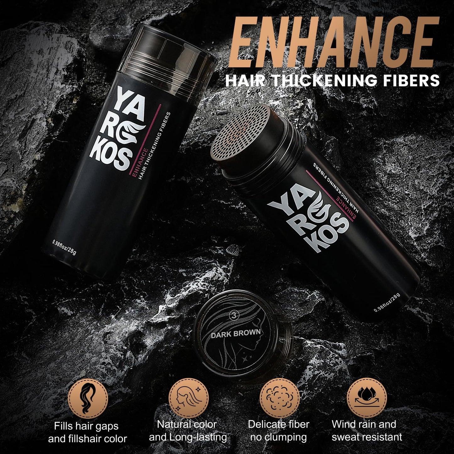Yargkos Hair Fibers for Thinning Hair or Fill In Fine, Hair Building Fibers (28g) for Women & Men, Hair Powder for Instantly Thicker, Fuller Looking - DARK BROWN