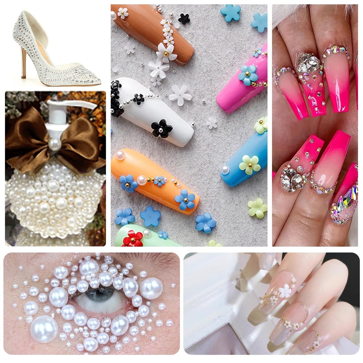 editTime 5 Boxes Shiny Colorful Nail Art Rhinestones Nail Stone Gems Design Kit and 4 sheets flower nail art stickers with a Curved Tweezers and a Nail Brush (6-rhinestones kit-3)