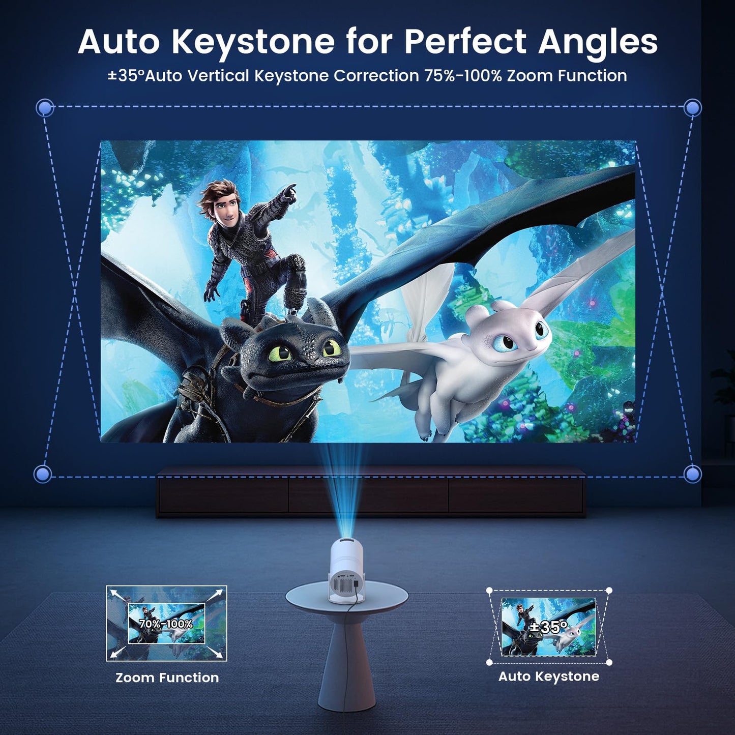 Mini Portable Projector with WiFi and Bluetooth, Movie projector 1080P HD Supported, Auto Keystone Correction, 180° Rotatable, Compatible with TV Stick, HDMI, USB, Smartphone, Laptop (White1)