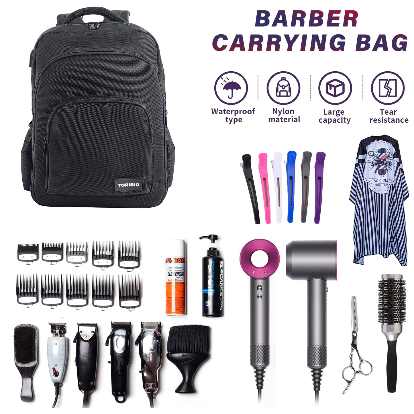 TORIBIO Barber Supplies Bag for Clippers and Supplies, Hairstylist Clipper Portable Backpack for Barber Tools (Black)