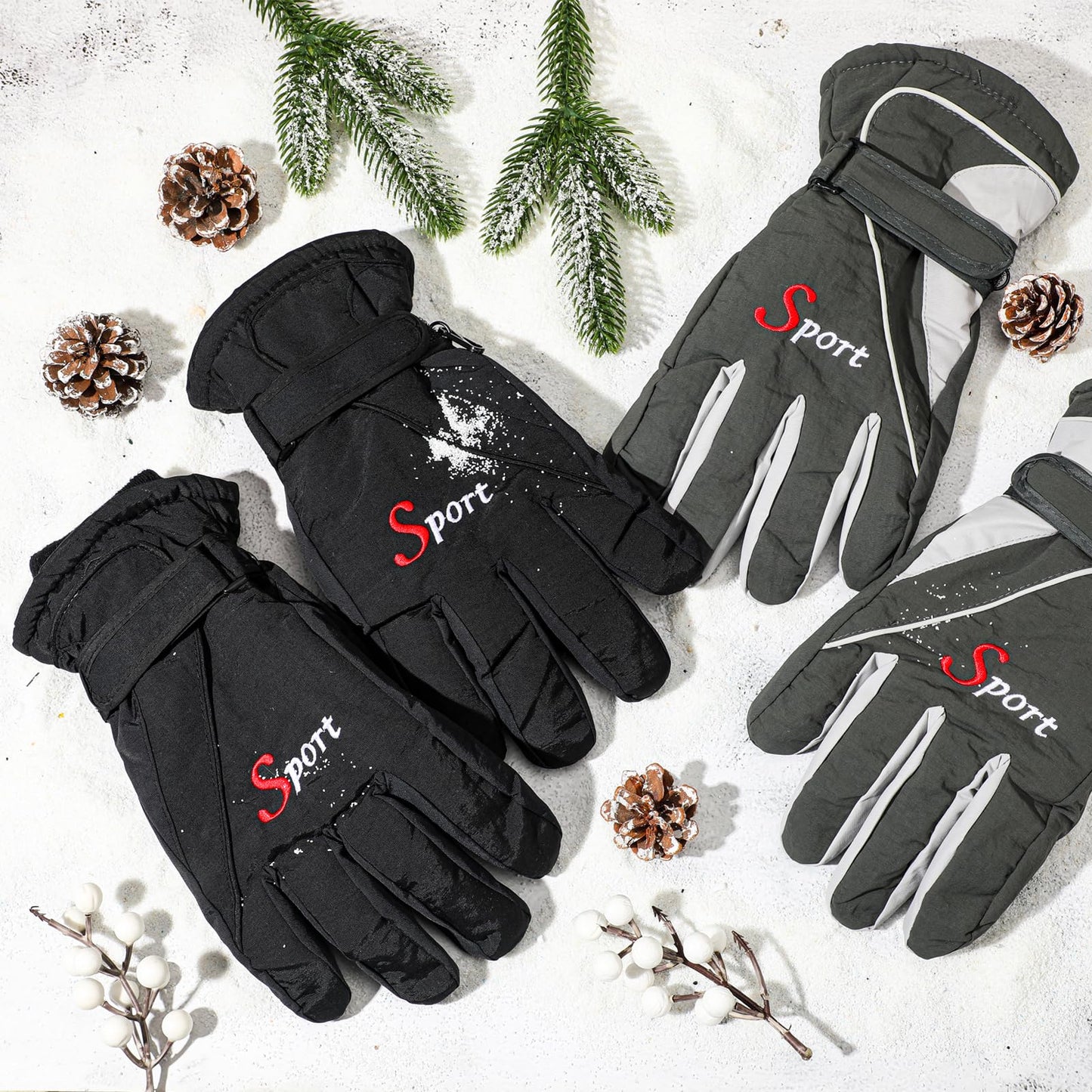 Lewtemi 2 Pairs Mens Snow Gloves Waterproof Winter Ski Gloves Mittens Warm Insulation Snowboarding Gloves for Cold Weather (Black, Dark Gray)