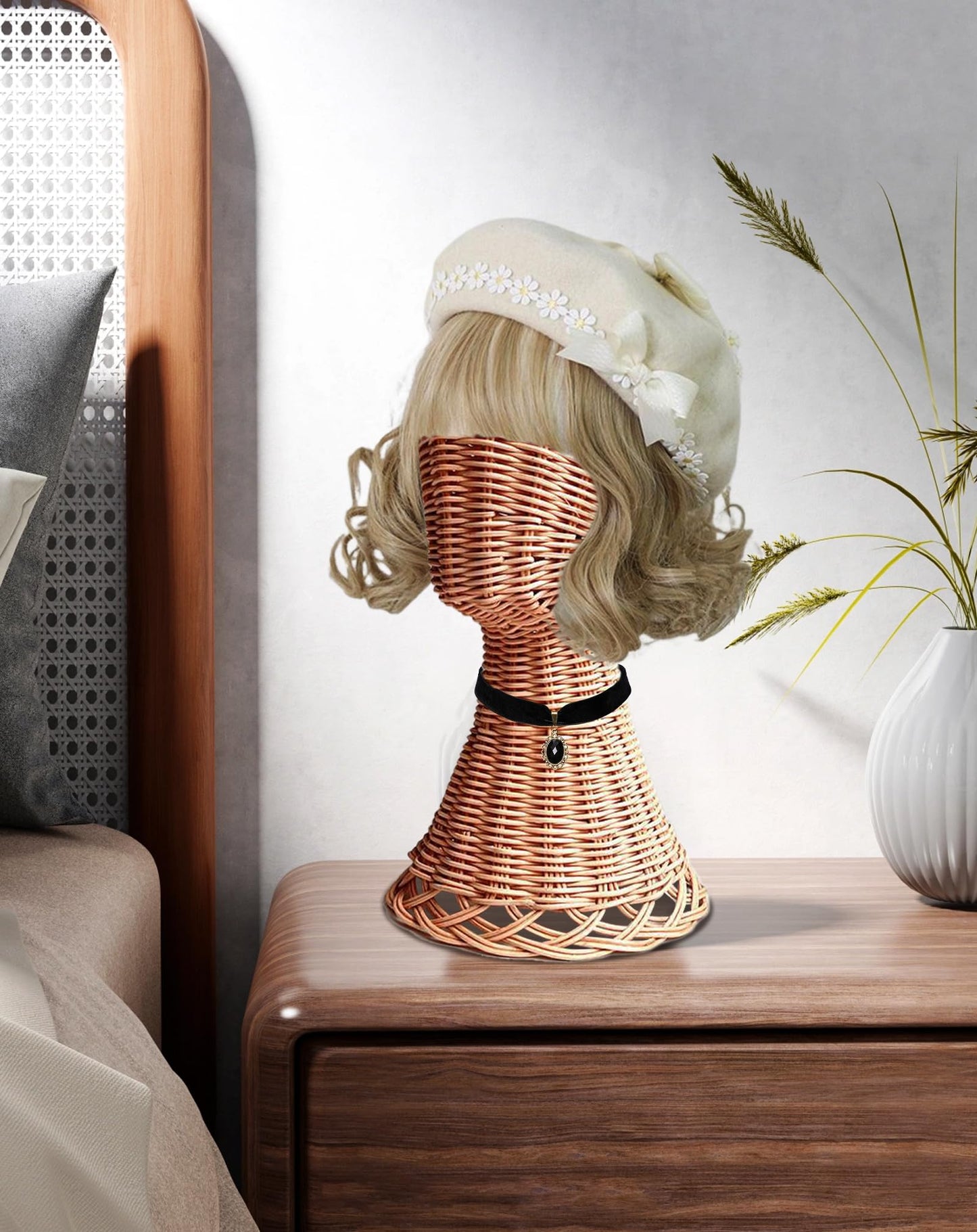 CHADWICK Mannequin Head Stand, Rattan Wig Stand, Hat & Wig Display Holder, Handmade Wicker Wig Head Stand, Vine Woven Hat Stand, Rustic Cap Rack for Home, Hair Salon, Showcase, Stable Base