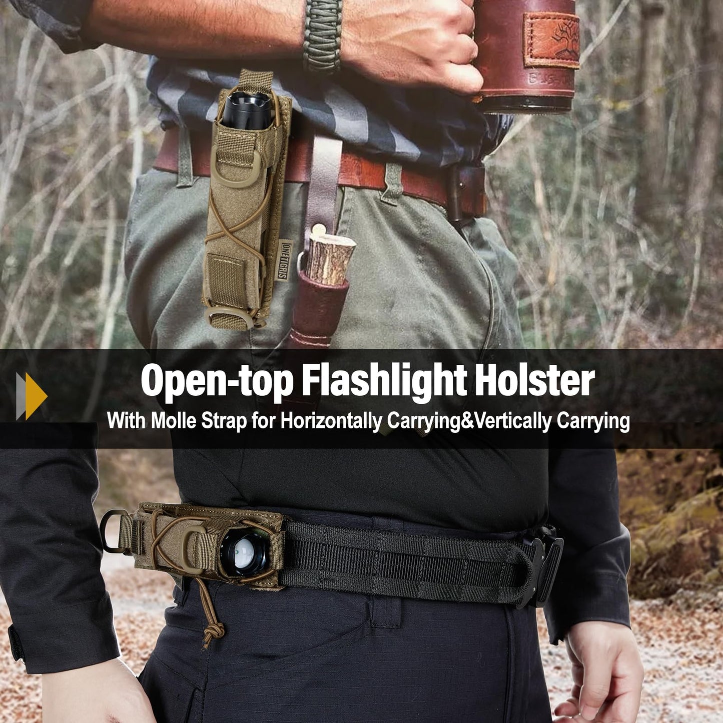OneTigris Flashlight Holster Molle Flashlight Holder for Belt Tactical Pouch for Torch Linear Hand Tool with Open-top MOLLE Strap for Vertical & Horizontal Carrying