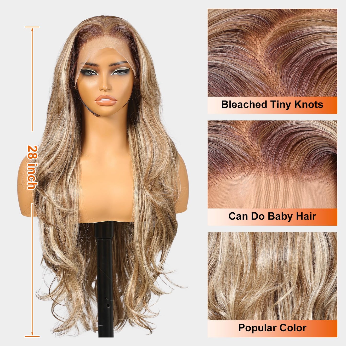 KOME Ash Blonde Synthetic Lace Front Wig,13×6 Blonde mix Brown HD Lace Glueless Wig for Women Daily Use 28IN(TT6/107)