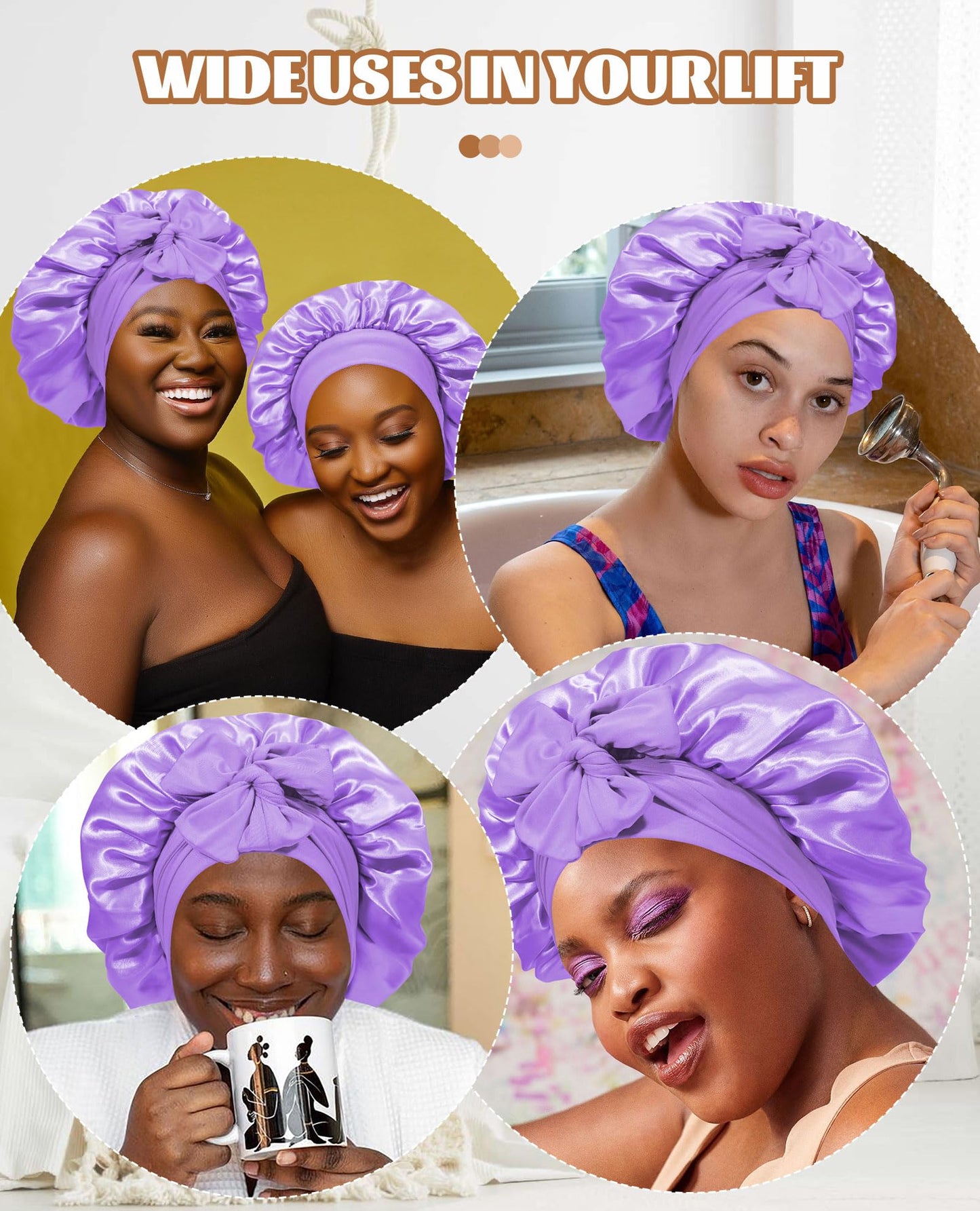 Satin Bonnet Silk Bonnet for Sleeping Silk Sleep Cap Double Layer Hair Bonnet with Elastic Tie Band for Curly Hair Night Cap (Light Purple+Champagne)