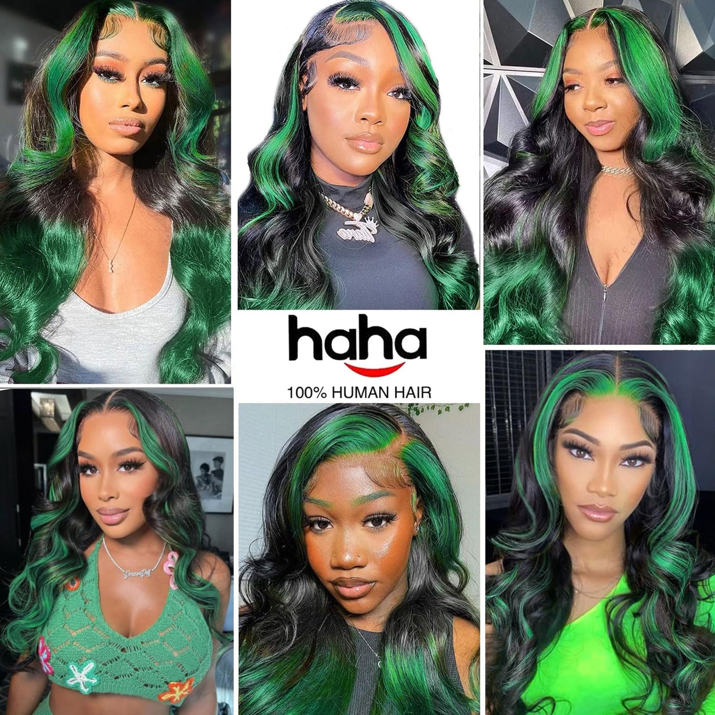 haha Green Ombre Lace Front Wig Human Hair Highlight Green Lace Front Wig Pre Plucked 13x4 Body Wave Lace Frontal Wig Black and Green Skunk Stripe Human Hair Wig Glueless Colored 18 Inch 150% Density
