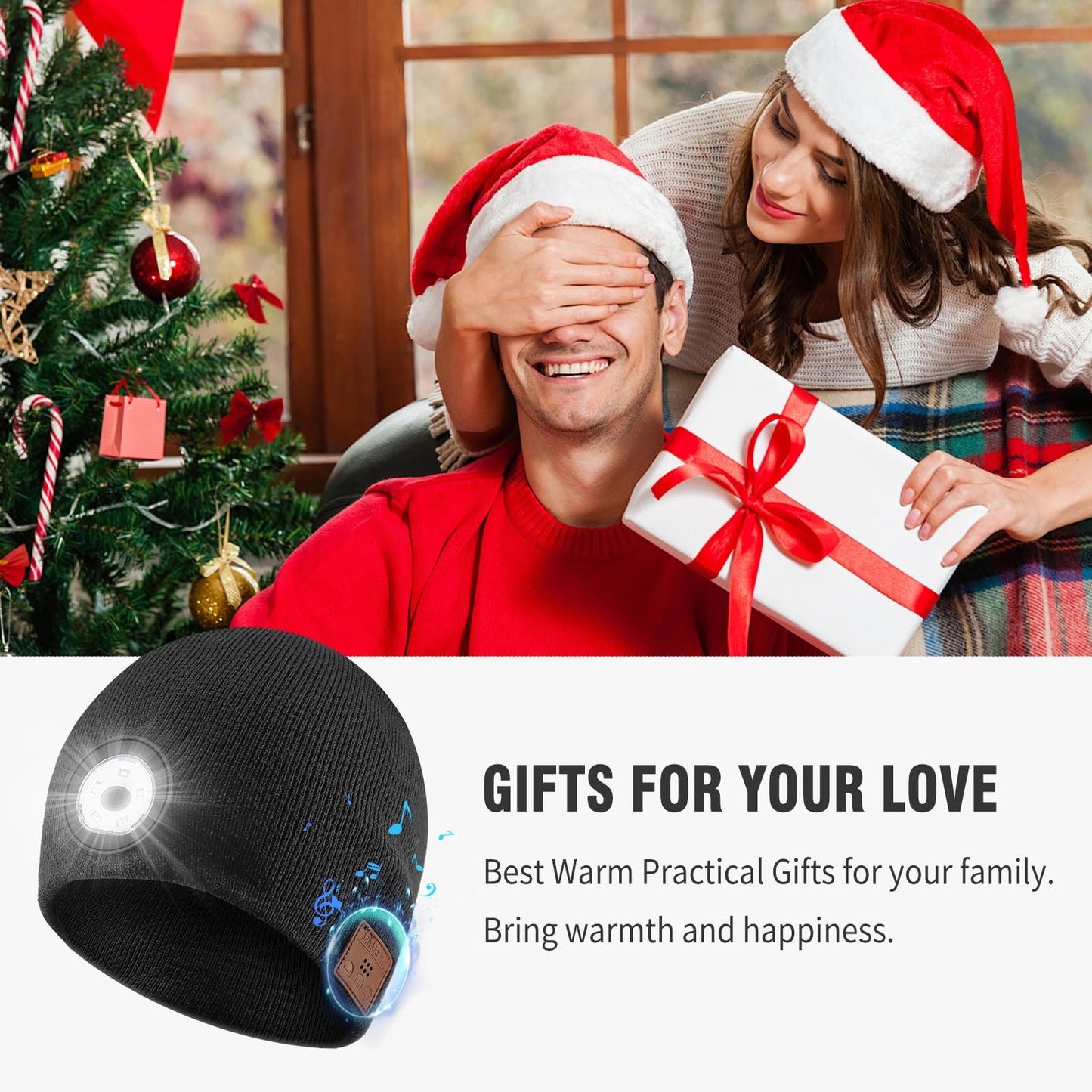 Mood Pie Bluetooth Beanie with Light,USB Rechargeable LED Headlamp Hat Beanie,Musical Knit Hat with Headphones and Built-in Speaker Mic,Gifts for Men Women Teen Black