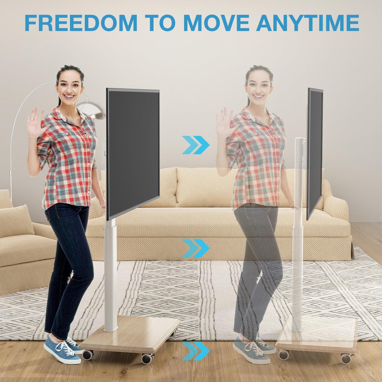 YOMT Portable Floor TV Stand on Wheels for 32-70 Inch TVs, Tall Universal Rolling TV Stand with Swivel Mount, Elegant Lockable Mobile TV Cart with Wood Base for Living Room, Bedroom, Dorm (White)