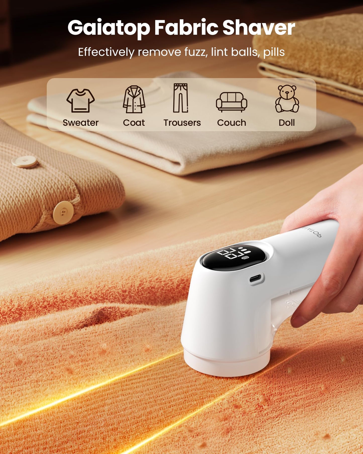 Gaiatop Rechargeable Fabric Shaver, 3-Speeds Electric Lint Remover Shaver with LED Display, 6 Leaf Blade, Sweater Depiller for Clothes, Furniture, Couch, Pills, Fuzz, Balls, White