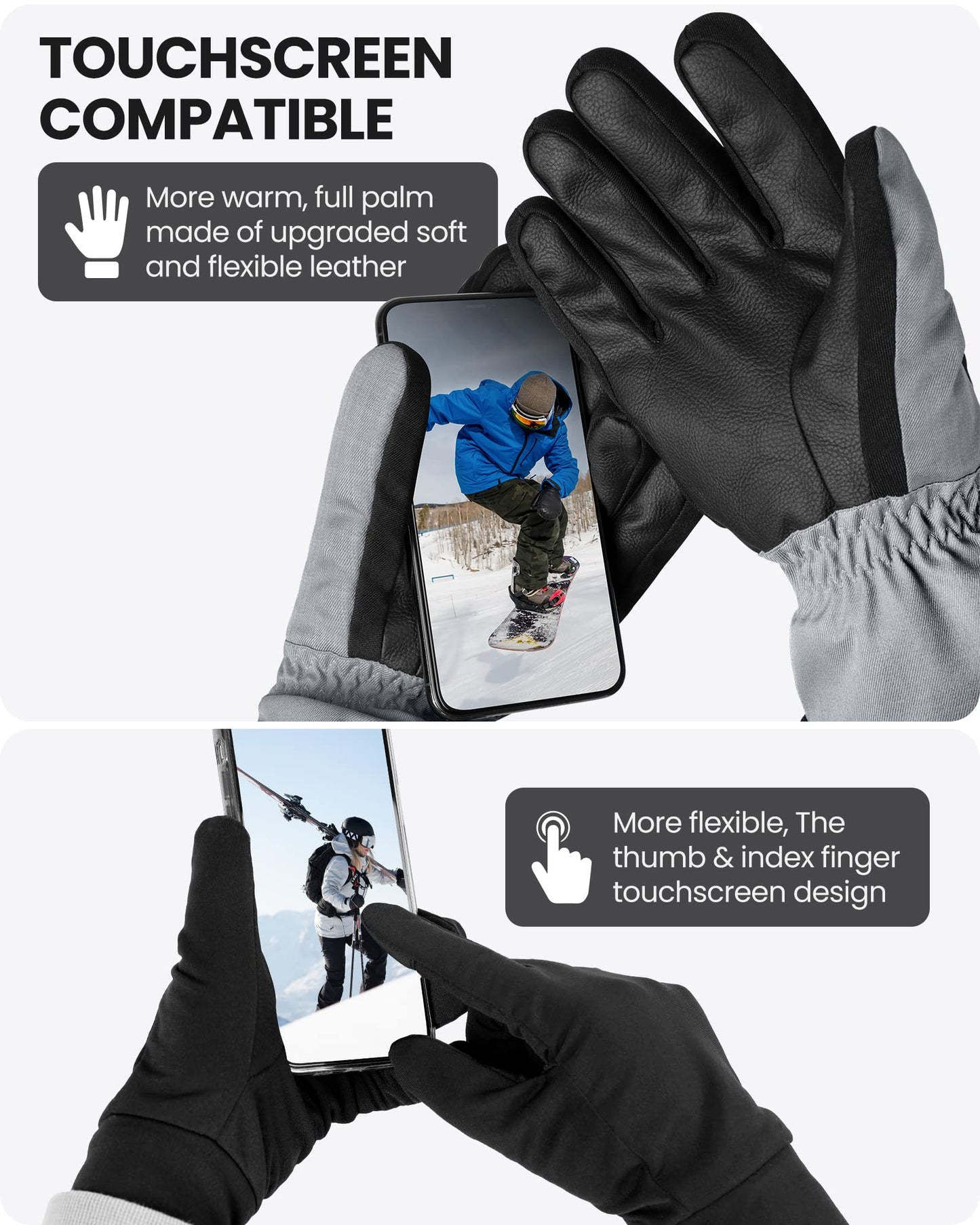 OutdoorMaster Ski & Snow Gloves, Winter Waterproof Thermal Gloves for Adult Men & Women, Winter Sports, Skiing, Snowboarding, Carbon, L