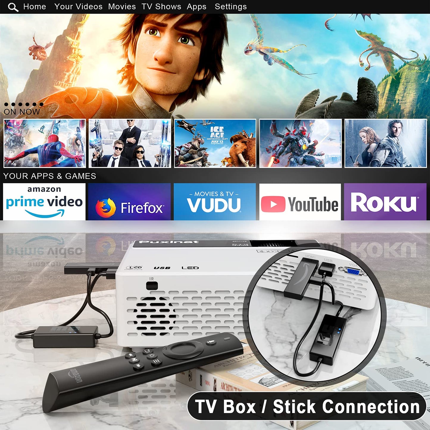 Mini Projector, 1080P Full HD Supported, Portable Movie Home Theater Projector Compatible with TV Stick Smartphone & Tablet PC HDMI USB AV TF