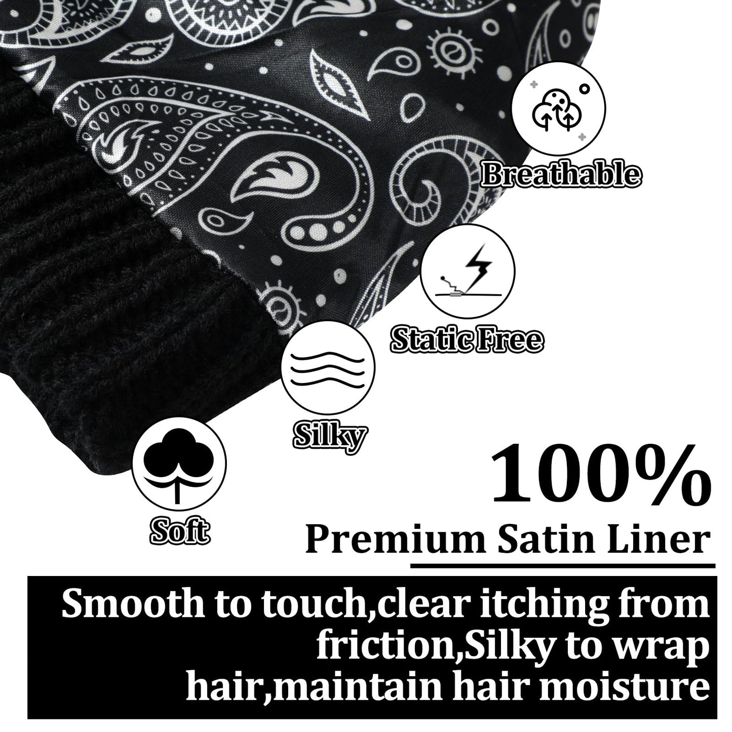 Sintege 4 Pieces Womens Satin Lined Beanie Hat Gloves Set Knit Slouchy Winter Hats Skull Cap Warm Touchscreen Gloves Set (Black, Purple, Pom Pom Style)