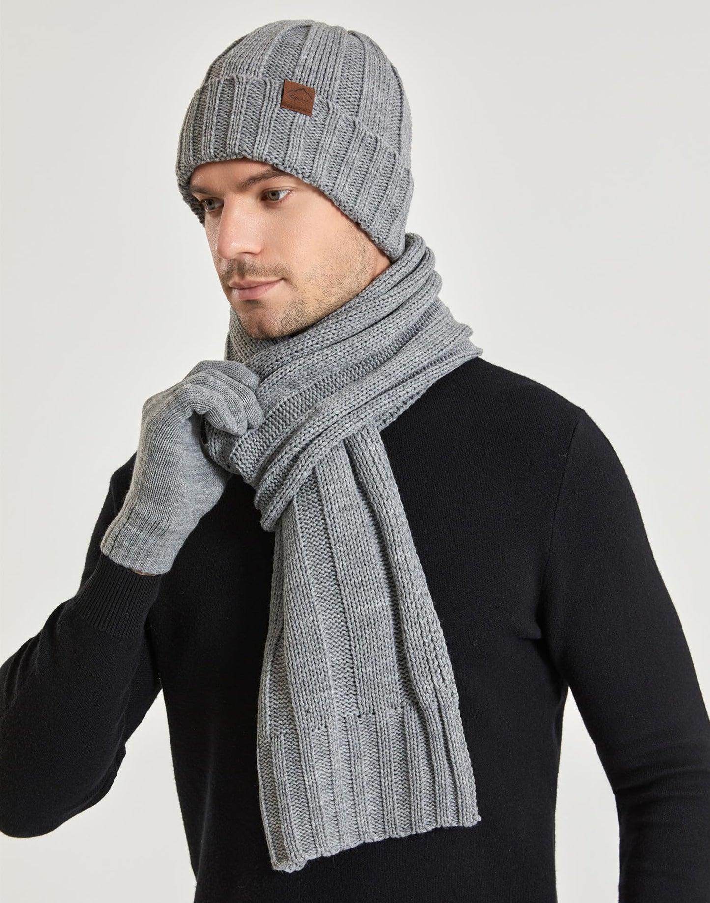 Yvechus 3 in 1 Winter Beanie Hat Scarf and Gloves Set Warm Knit Hat Thick Fleece Lined for Men Women (C style-Light Grey)