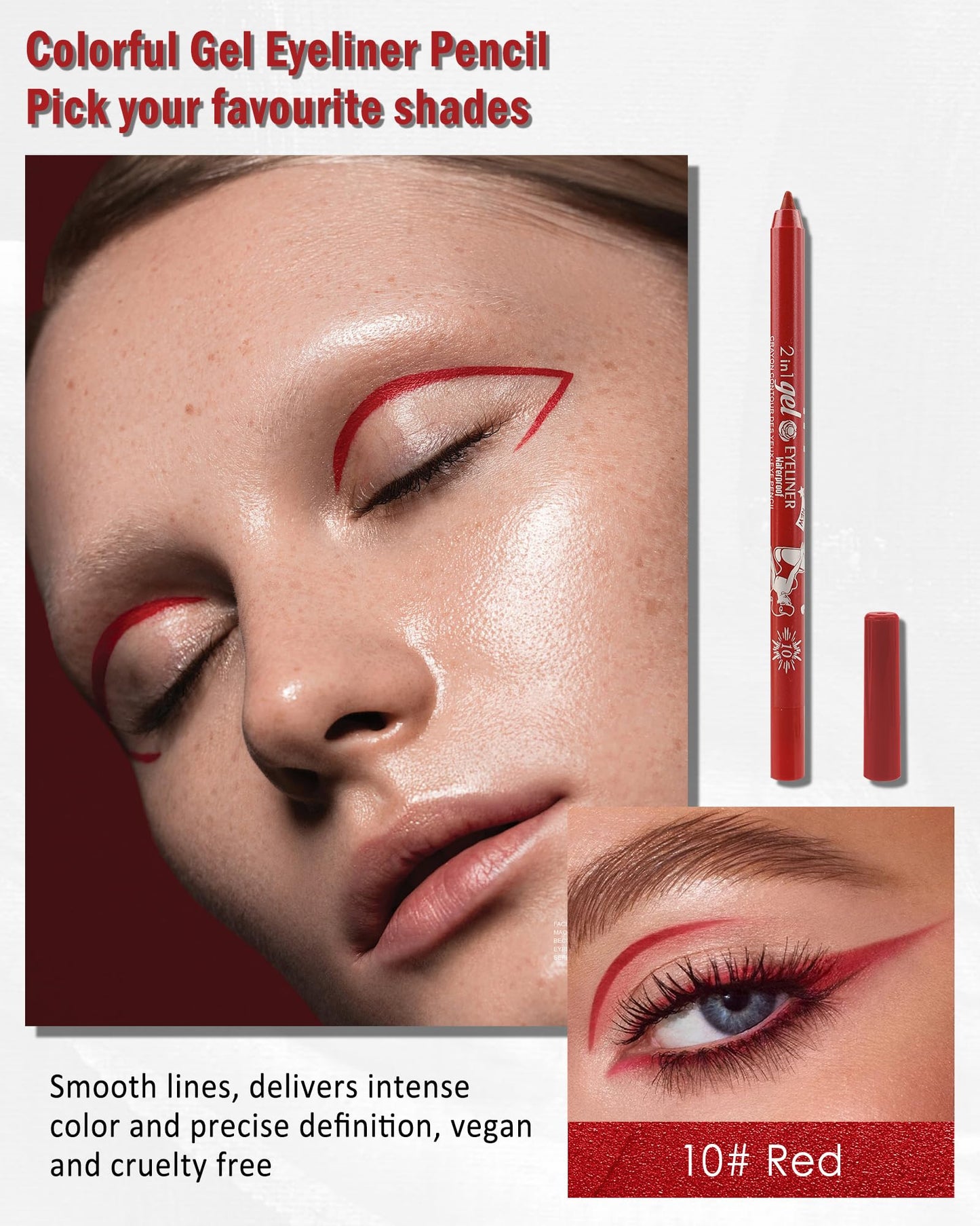 Red Eyeliner Pencil Gel, Sharpenable Multi-Use Colored Eyeliner Waterline Waterproof Smudge-Proof Long Stay, Easy-Glide, High Pigment Shimmer Cream Eye Liner Pen with Sharpener,Vegan & Cruelty Free-10