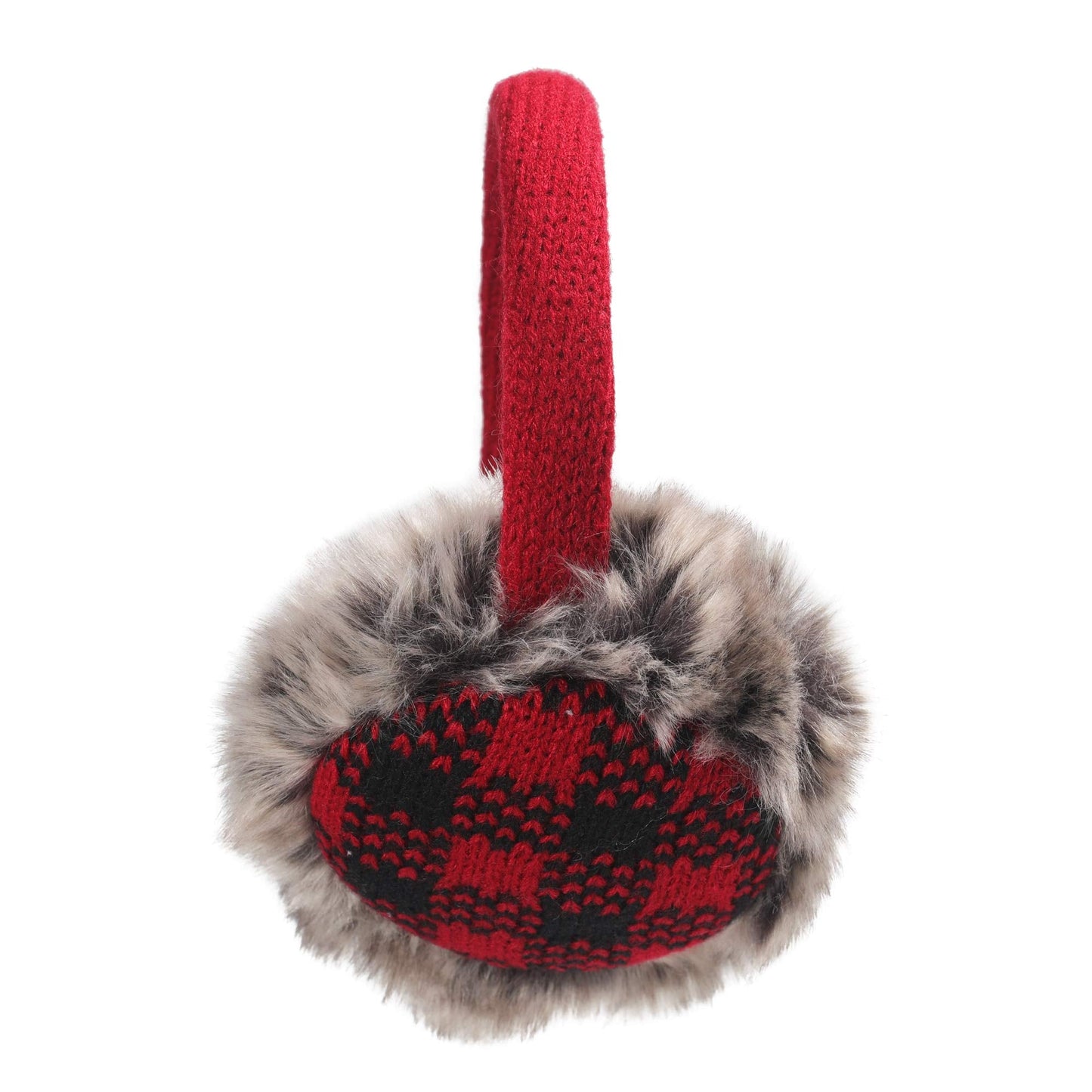 ZLYC Winter Faux Fur Adjustable Earmuffs Cute Knit Fuzzy Ear Muffs for Women Girls (Plaid Red)