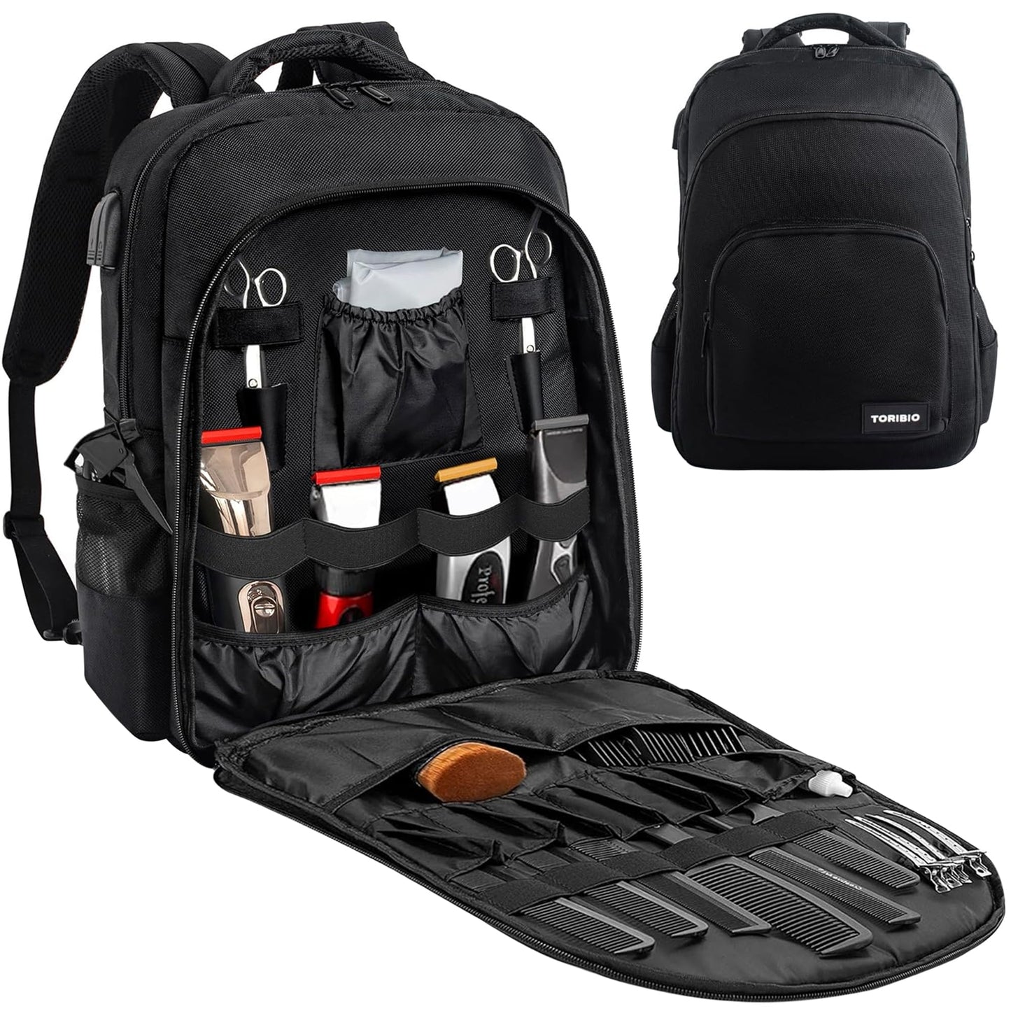 TORIBIO Barber Supplies Bag for Clippers and Supplies, Hairstylist Clipper Portable Backpack for Barber Tools (Black)
