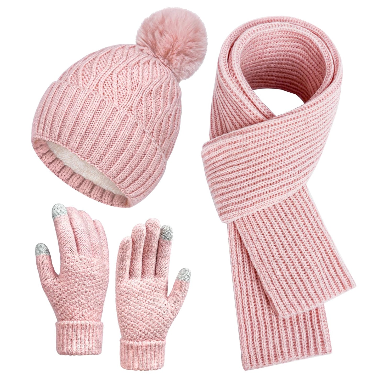 Pink Winter Knit Beanie Hat Scarf Gloves Set for Women, Fleece Lined Chunky Beanie Hats with Pom Pom Neck Warm Scarf Touchscreen Gloves 3 in 1 Set