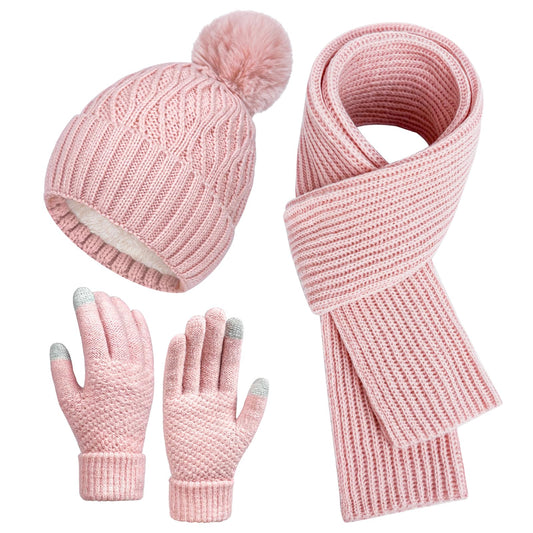 Pink Winter Knit Beanie Hat Scarf Gloves Set for Women, Fleece Lined Chunky Beanie Hats with Pom Pom Neck Warm Scarf Touchscreen Gloves 3 in 1 Set