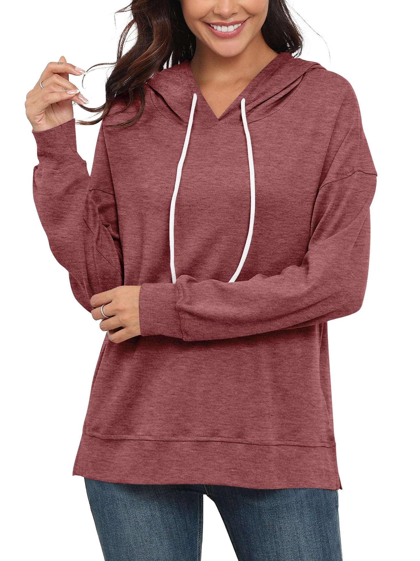 Poetsky Women's Long Sleeve Hoodies Loose Fit Comfy Winter Sweatshirts (Red Bean Paste L)