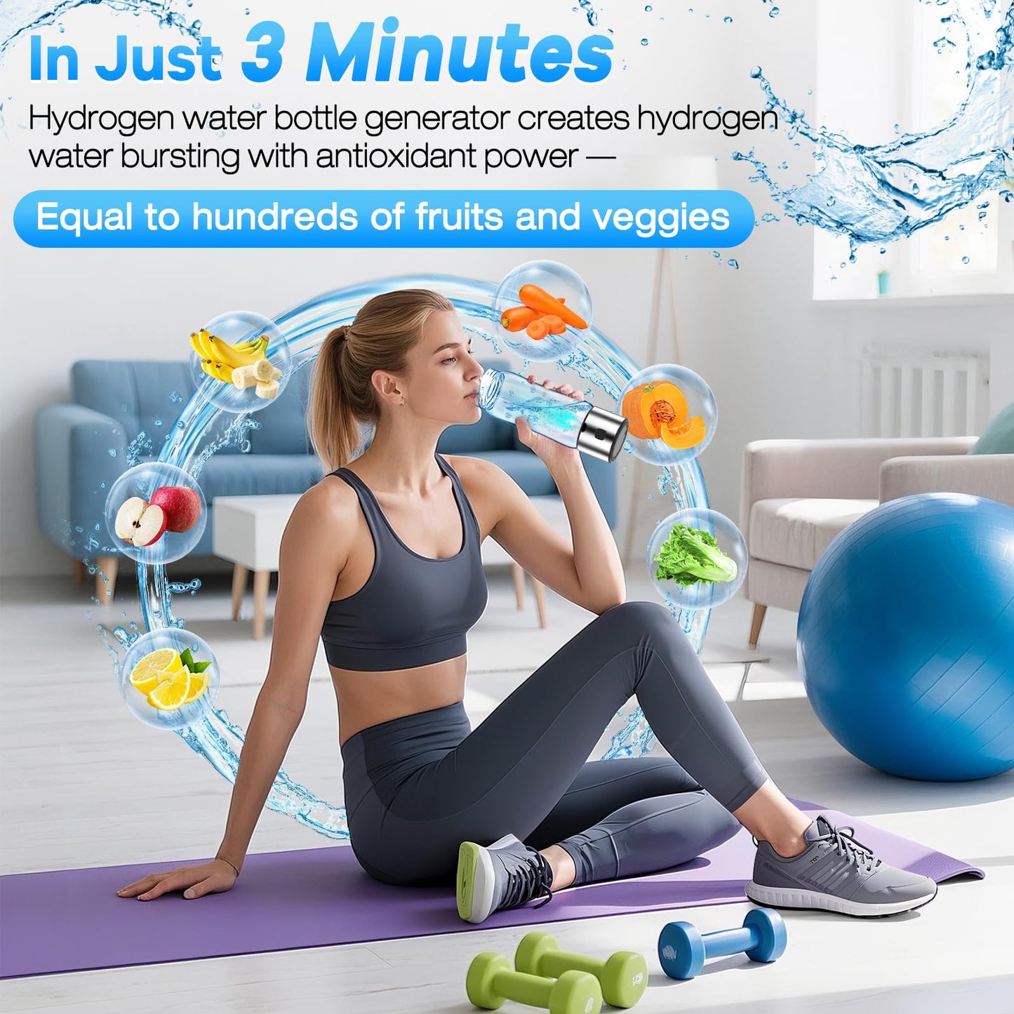 Hydrogen Water Bottle Generator – Produces Hydrogen Water Alternative to Hydrogen Water Tablets,3-Min Hydrogen Water, Inhalation & Drinking, Auto Clean, Slim & Portable for Travel, Gym, Office