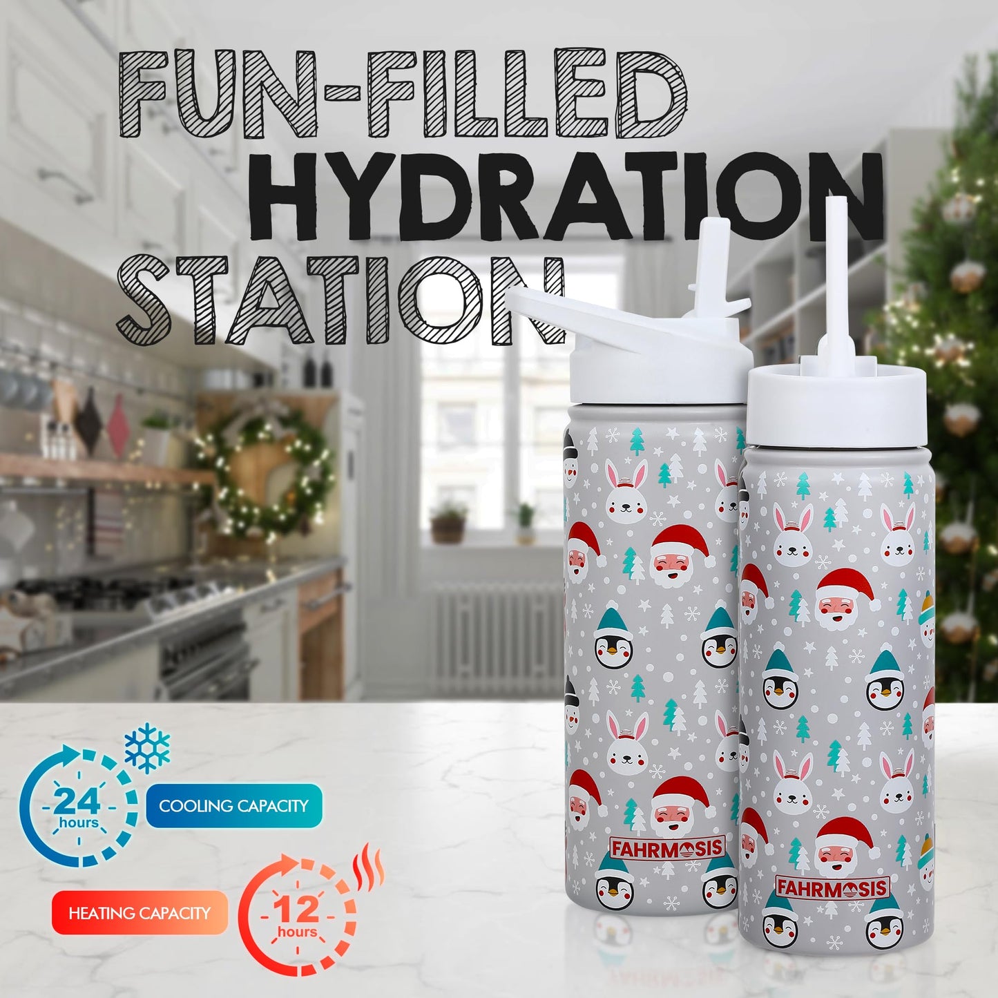 FAHRMOSIS 18 oz Kids Water Bottle | Insulated Water Bottle with Straw & 2 Lids | Reusable Double Insulated Water Bottle - Leakproof Kids Water Bottle for School & Outdoor Activities - White (Winter)