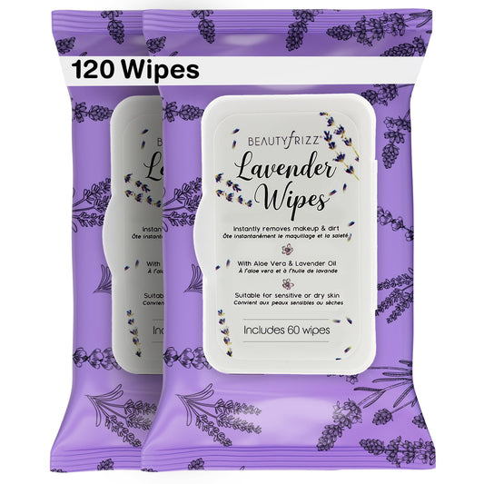 BeautyFrizz Lavender Face Wipes - 120 pcs - Gentle Makeup Remover Wipes for Women - Facial Cleansing Wipe with Aloe, Castor, Vitamin A and E - Extra Soft - Moisturizing
