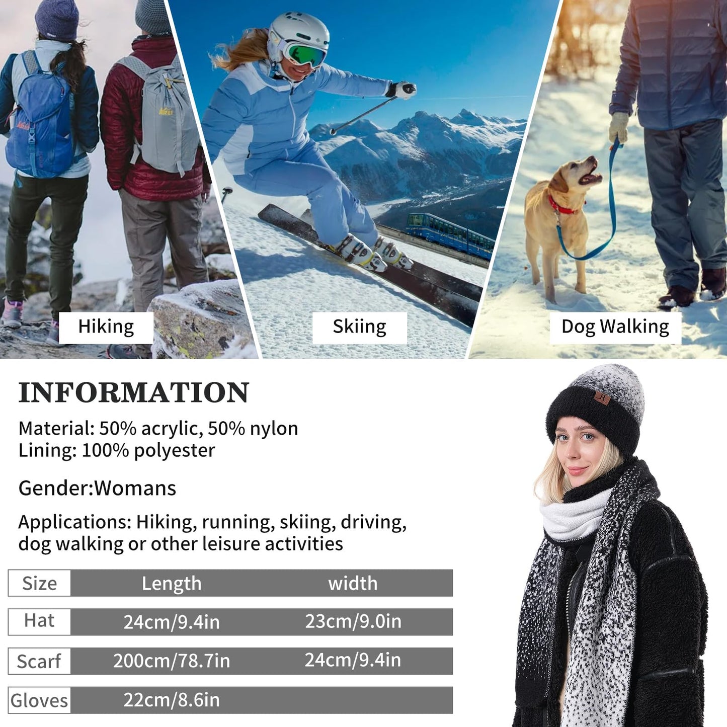 Winter Beanie Hat Scarf Gloves, Warm Fleece Lined Knit Beanie Hat Long Scarf & Touch Screen Gloves for Women Cold Weather Set