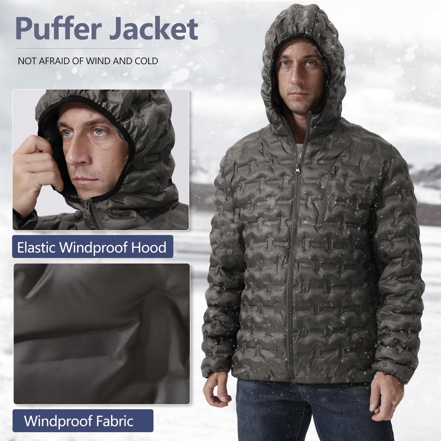 Heihuohua Men's Packable Puffer Jacket Lightweight Hooded Windproof Winter Coat for Travel Running Hiking
